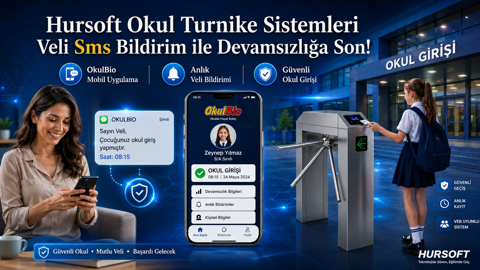 Hursoft okul turnike sistemleri ile kartını okutarak giriş yapan öğrenci ve veliye gönderilen SMS bildirimi
