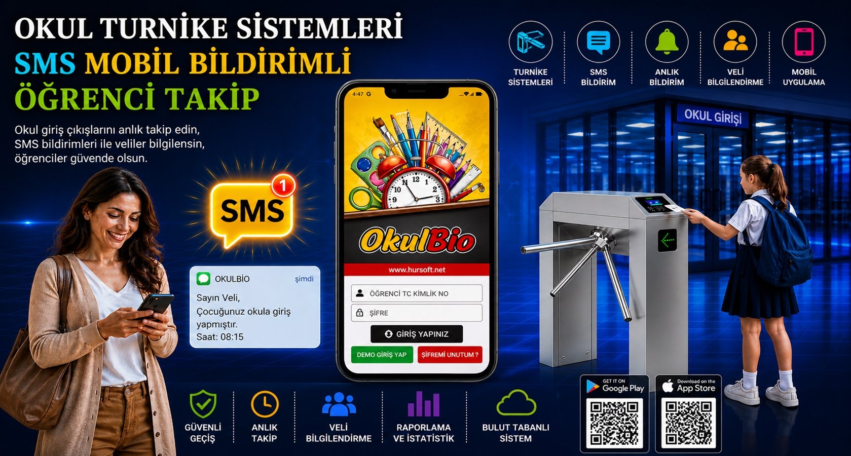 Okul Turnike Sistemleri SMS Mobil Bildirimli Öğrenci Takip