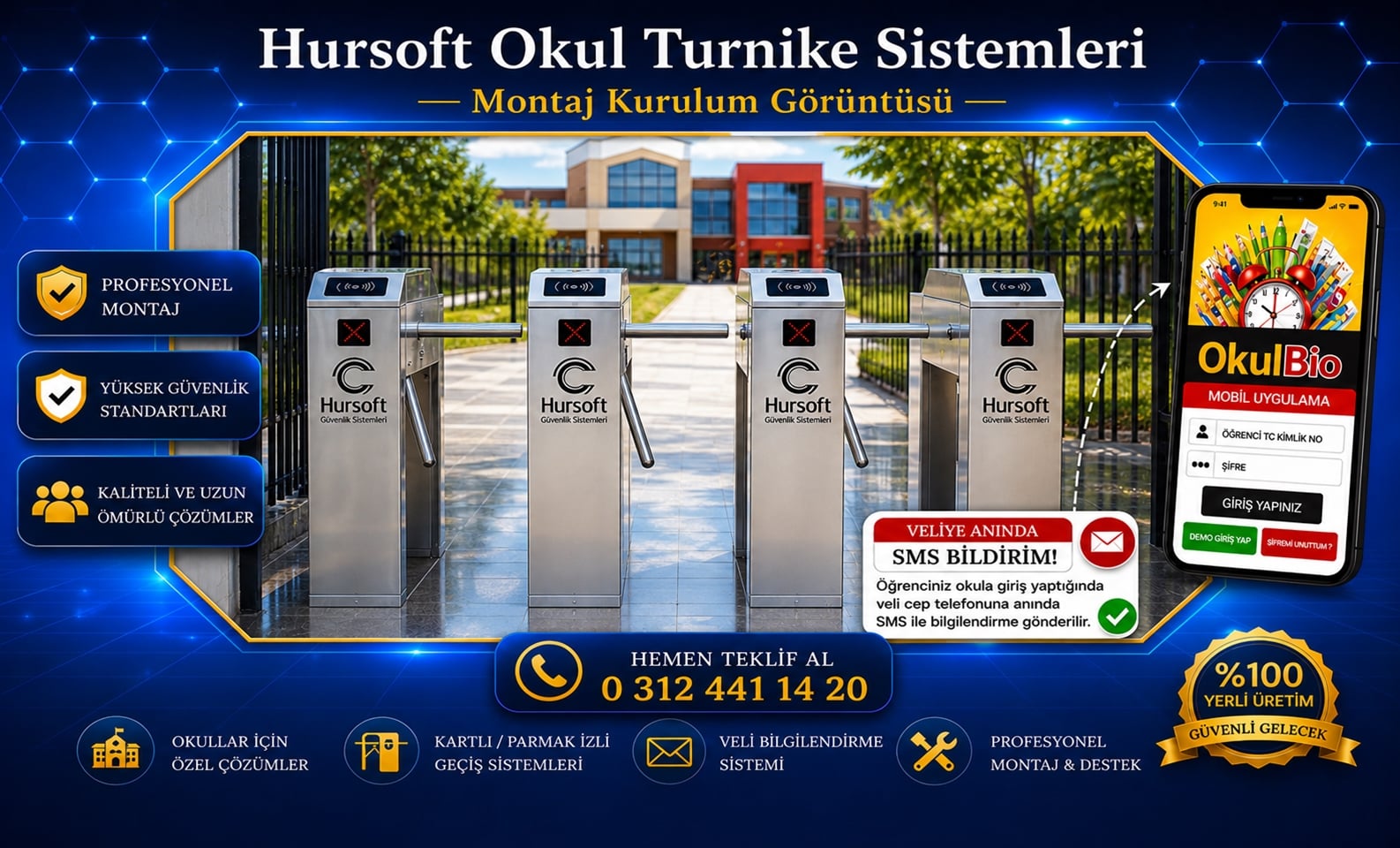 Hursoft kartlı okul turnike sistemi, öğrenci takip yazılımı ve OkulBio mobil uygulama
