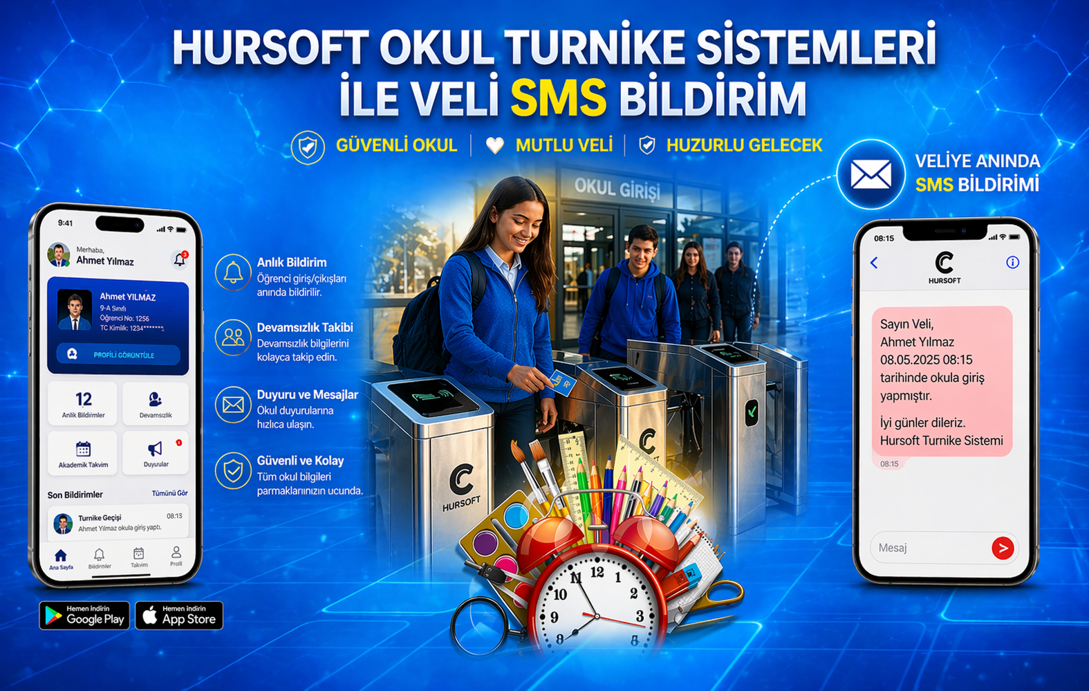 Hursoft Okul Turnike Sistemleri ile Veliye SMS Bildirim  <br> Parmak İzi Kartlı Yüz Tanımalı ve Turnike Geçiş Sistemli